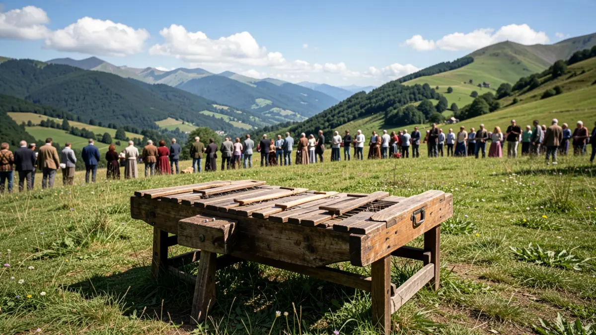 Traditional wooden txalaparta instrument on a grassy hillside with mountains and a blue sky in the background.