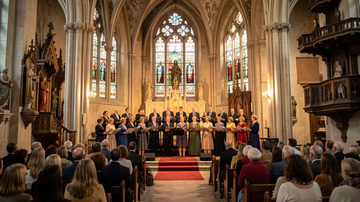Generic image: a choir performing on a stage inside a church, with ornate architecture and stained glass windows, warm lighting, documentary style.