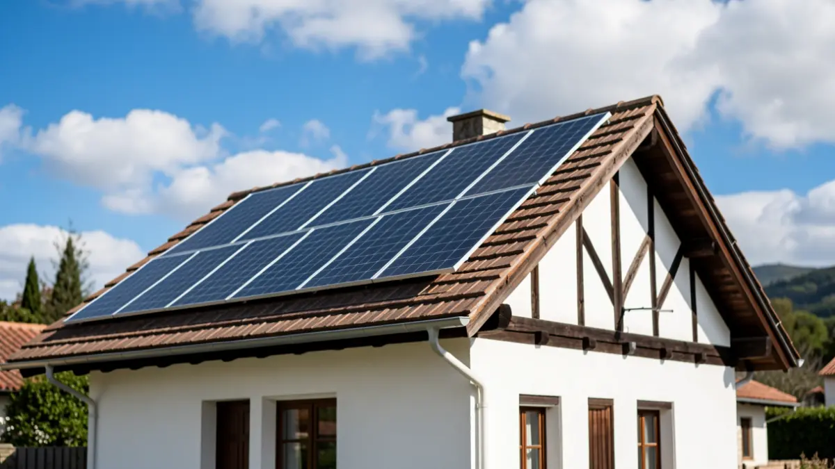 Etxebizitza baten teilatuan instalatutako eguzki-panel modernoak, horma zuriak eta egurrezko habe ilunak dituena, zeru urdin argia eta hodei sakabanatuak.