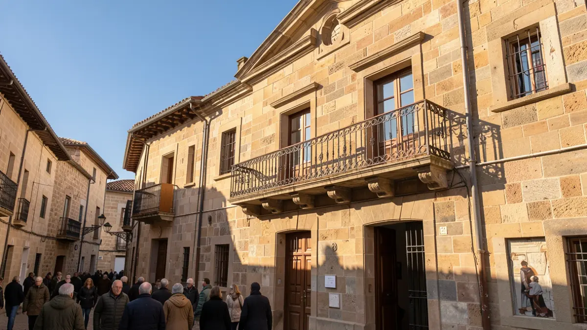 Generic image: Stone facade of a Basque Country town hall with an ornate balcony and iron railings, warm afternoon sunlight casting shadows, blue sky.