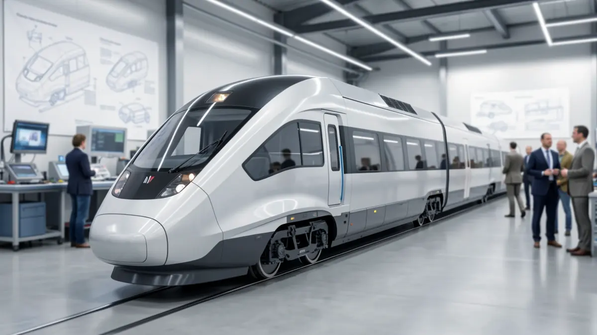 Tren abiadura handiko diseinu kontzeptu modernoa, trakziorako elementu modular eta jasangarrietan zentratuta, ingurune futuristan.