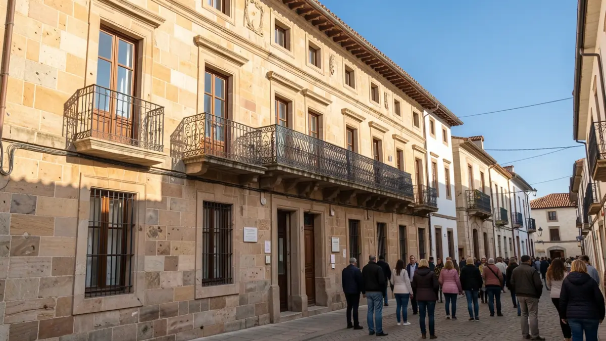 Generic image: Stone facade of a Basque town hall with a balcony and iron railings, in the warm afternoon sunlight.