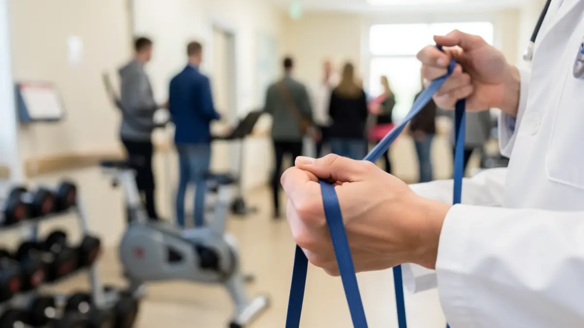 Generic image: Close-up of medical professional's hands holding a resistance band, with blurred exercise equipment in the background.