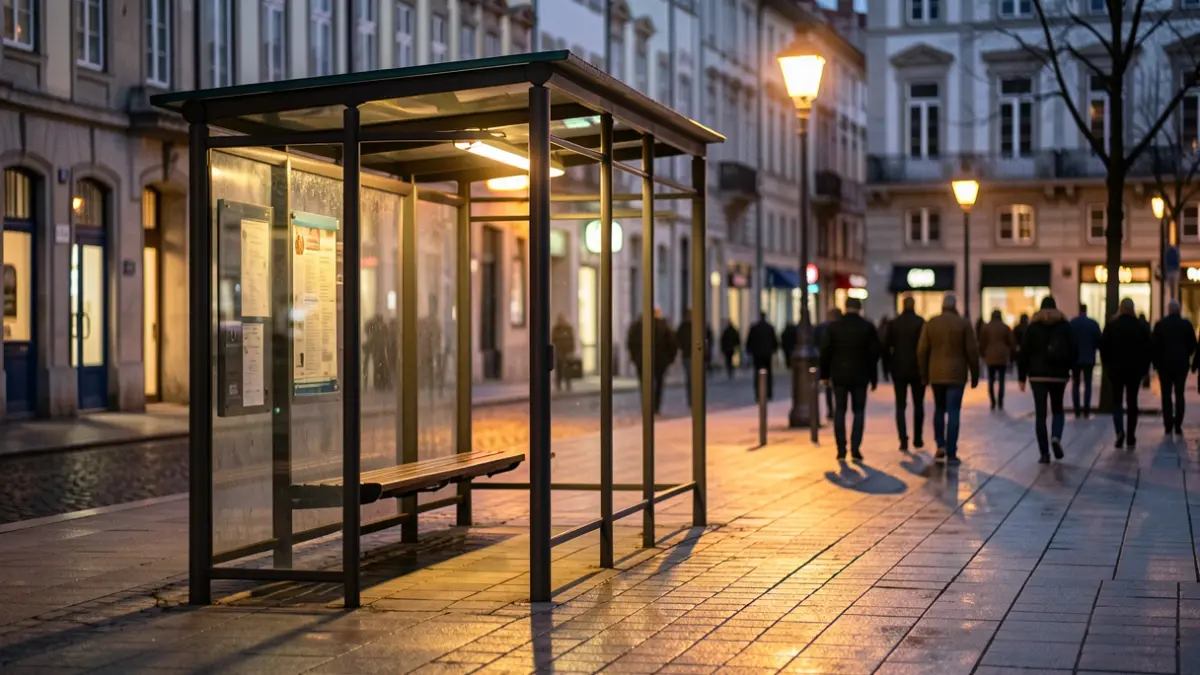 Irudi generikoa: Ilunabarrean Vitoria-Gasteizko autobus geraleku huts bat, argi naturalak zoladura bustian itzal luzeak sortuz. Atzealdean eraikin lausoak.