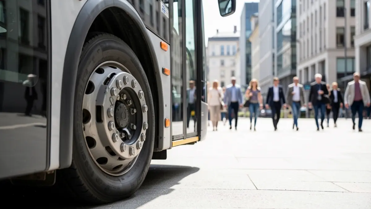 Irudi generikoa: autobus elektriko baten gurpilaren hurbileko irudia, hiri moderno bateko kale garbi batean, eguzki argia.