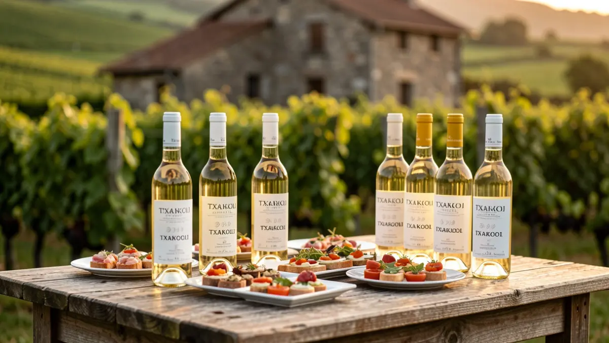 Generic image: Basque txakoli wine and appetizers on a table, set in a farmhouse and vineyard ambiance.