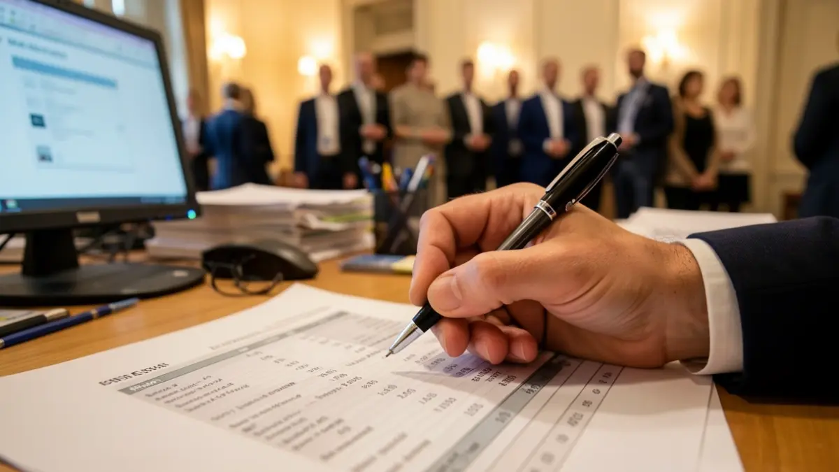 Imagen genérica: mano sujetando un bolígrafo sobre un documento, con material de oficina y pantalla de ordenador desenfocados al fondo.