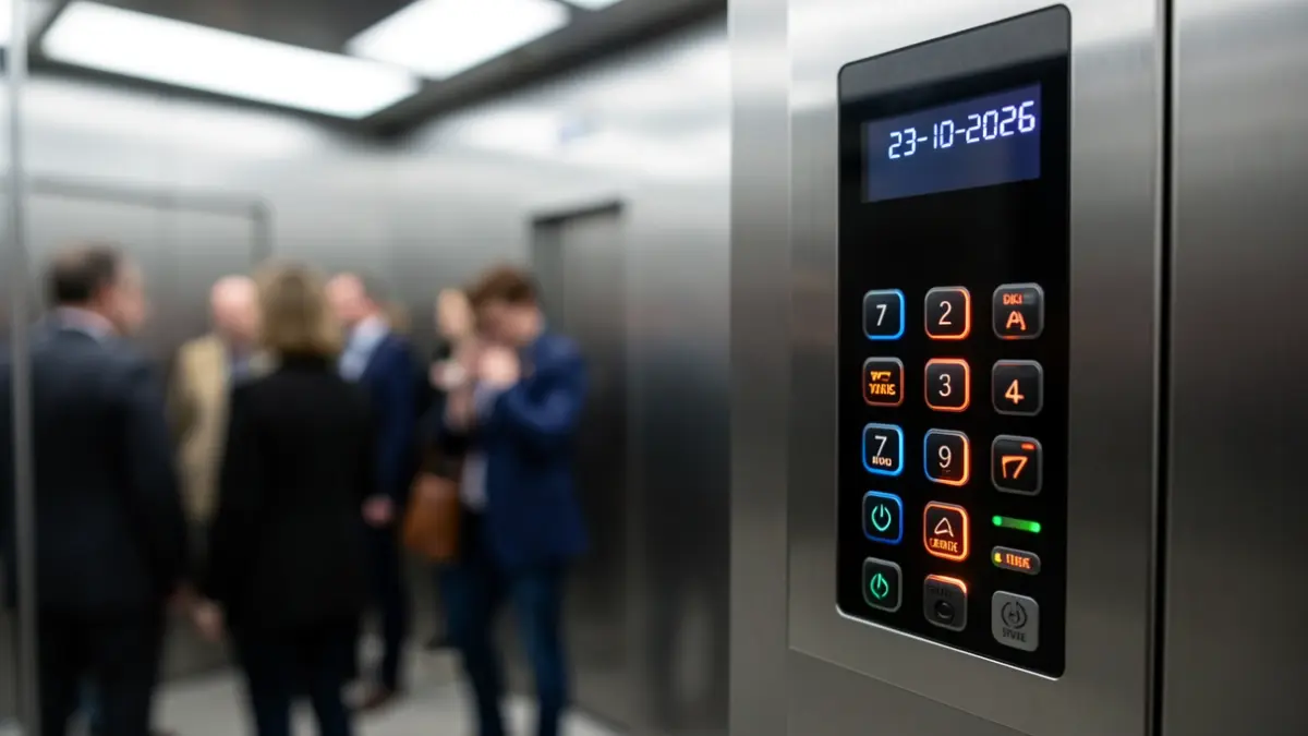 Generic image: control panel of a modern elevator with illuminated buttons and a display showing '23-10-2026', against a blurred background of a clean, contemporary elevator interior.