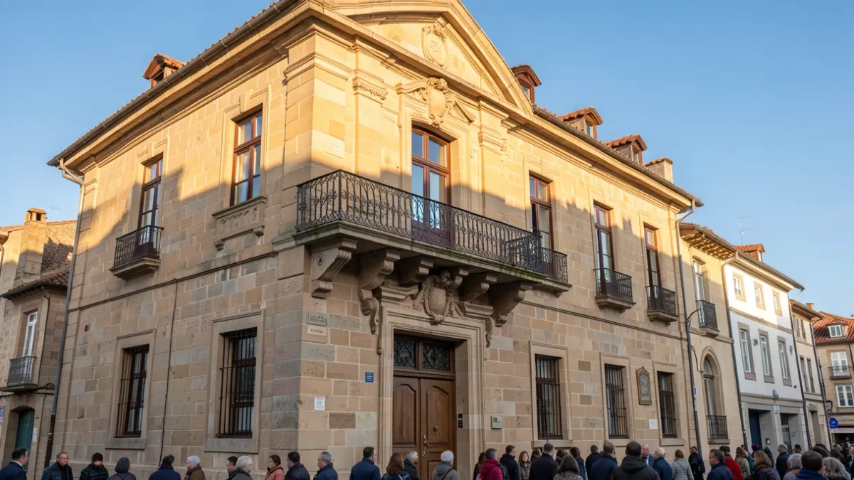 Imagen genérica: Fachada de piedra de un ayuntamiento vasco con balcón y barandillas de hierro, bajo la cálida luz del sol de la tarde.