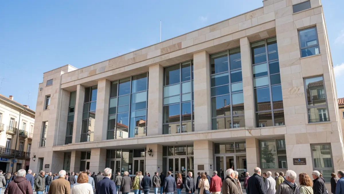 Facade of a modern town hall building in Vitoria-Gasteiz, with large windows and the blue sky.