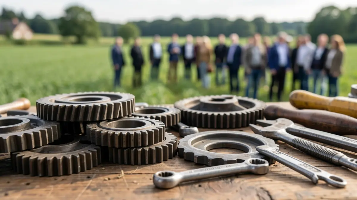 Generic image: agricultural machinery gears and tools on a wooden workbench, with blurred green fields in the background under soft daylight.