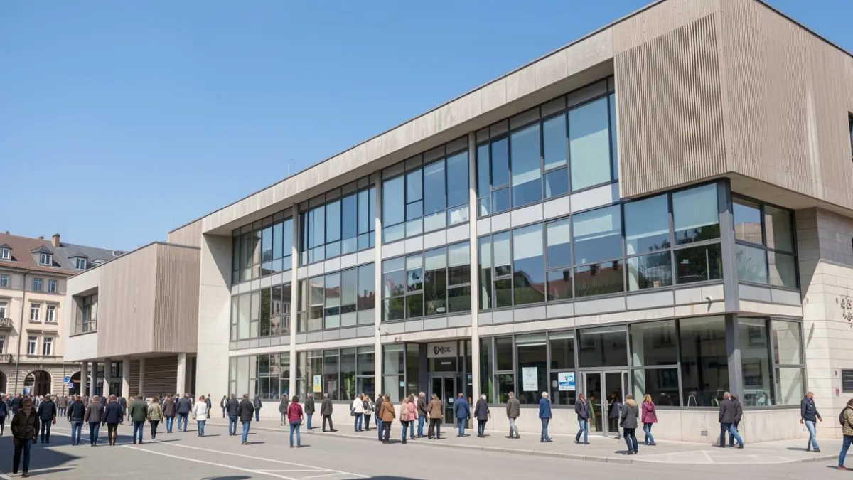 Generic image: Exterior of a modern social services building in Vitoria-Gasteiz, with large windows and a clear blue sky.