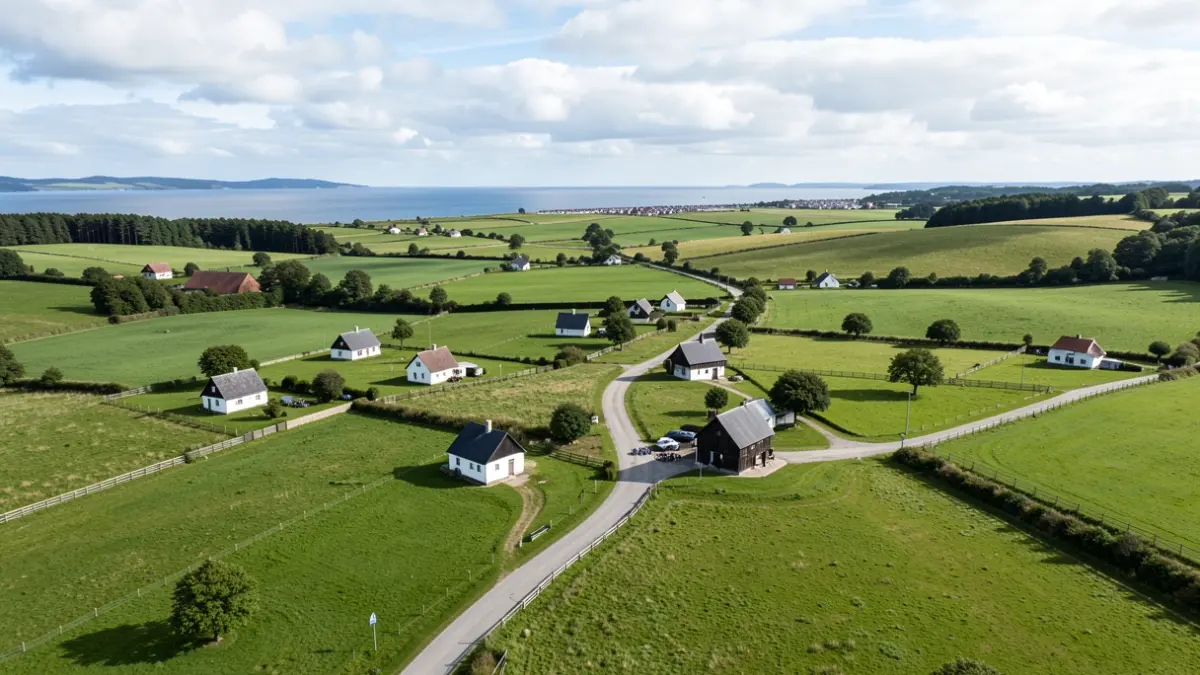 Imagen genérica: Vista de un valle verde en Euskadi con caseríos blancos y vigas de madera oscura, un camino sinuoso hacia la costa distante bajo un cielo parcialmente nublado.