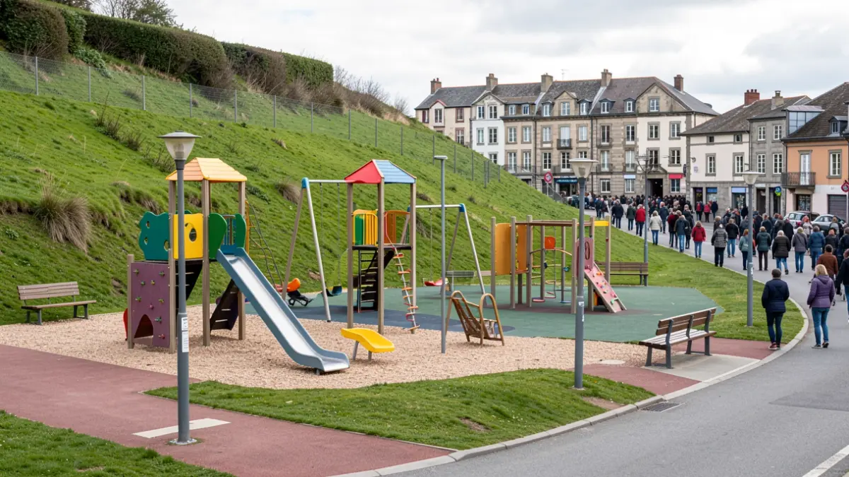 Imagen genérica: área de juegos infantiles integrada en una ladera, con mobiliario urbano y alumbrado, en un entorno paisajístico del País Vasco.