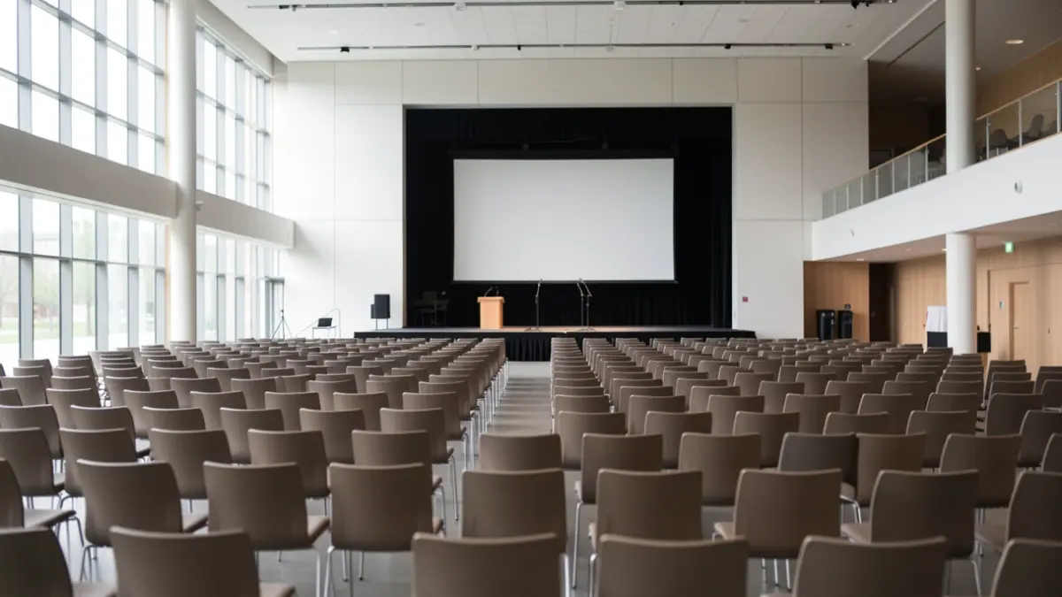 Imagen genérica: una sala de congresos moderna con sillas vacías y micrófonos en una luz suave.