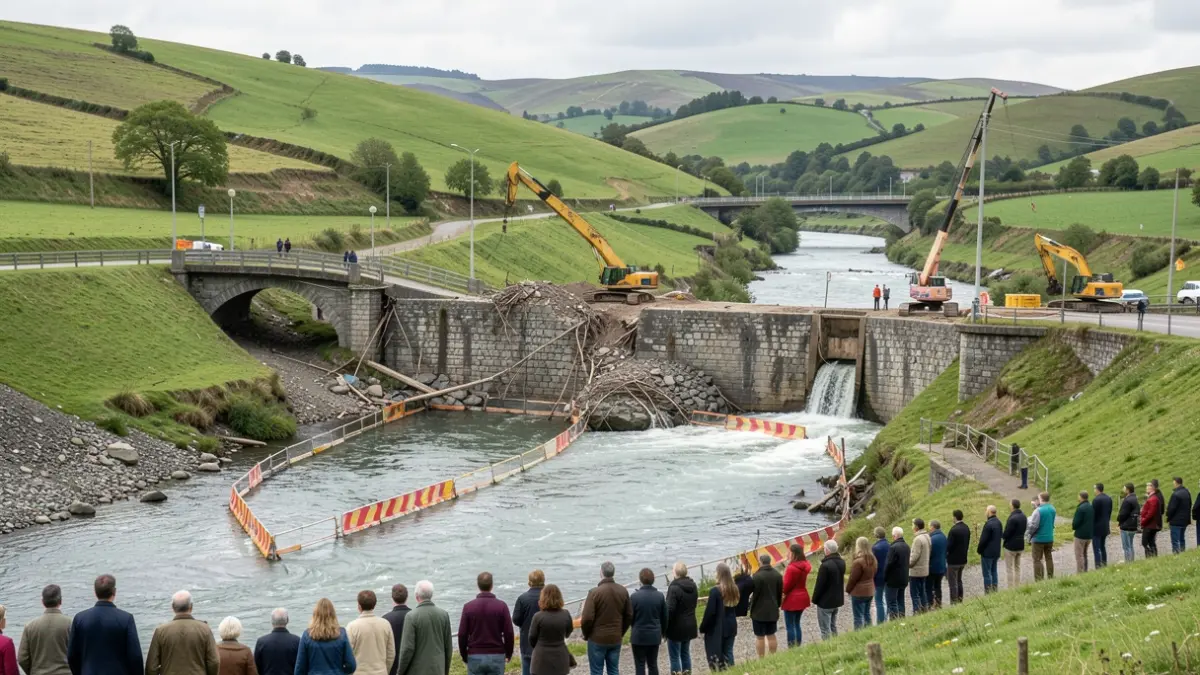 Generic image: partial demolition of a dam on a river, under a bridge and in a green environment.