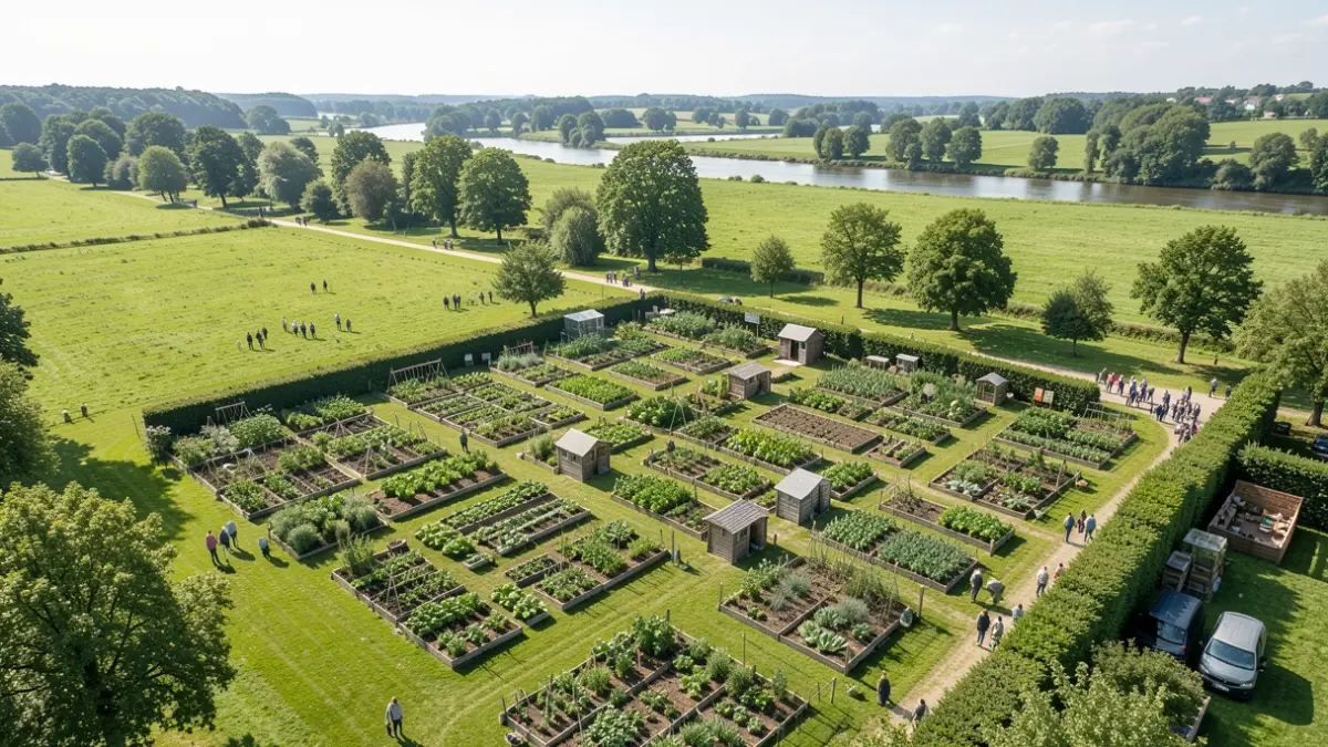 Generic image: view of a community garden with neat rows and surrounding parkland.