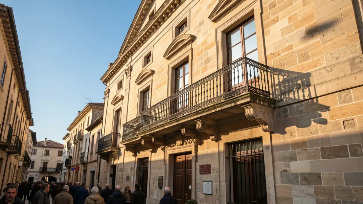 Generic image: with an ornate balcony and railings, afternoon sunlight casting shadows on the stone, blue sky.