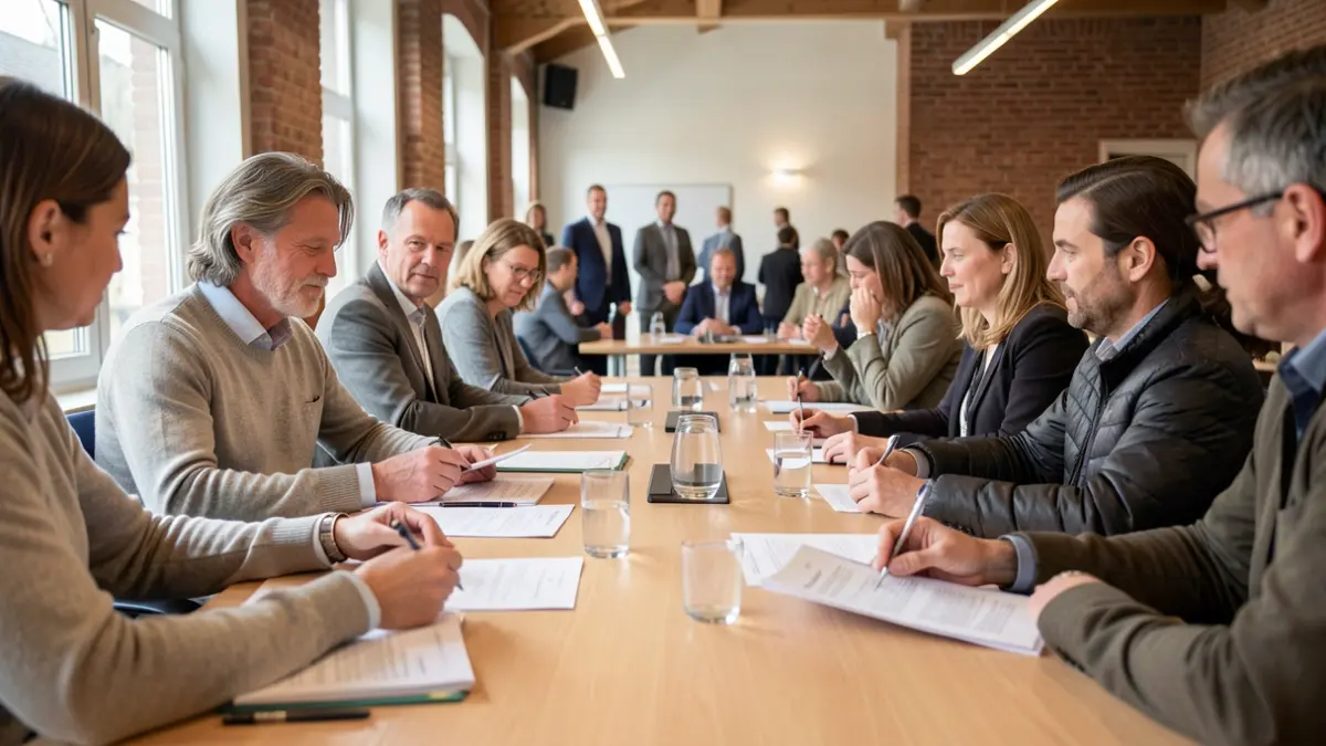 Meeting table in a modern conference room in Euskadi, with participants' hands discussing over documents.
