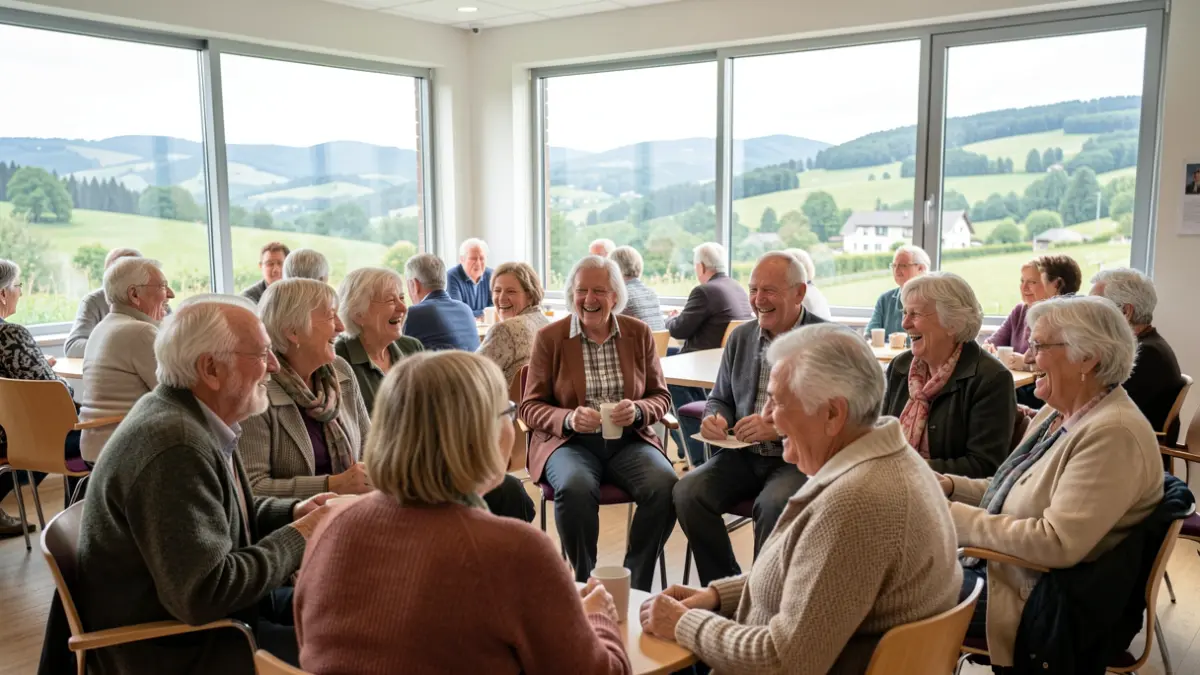 Generic image: A group of elderly people in a bright community center, engaged in activities.