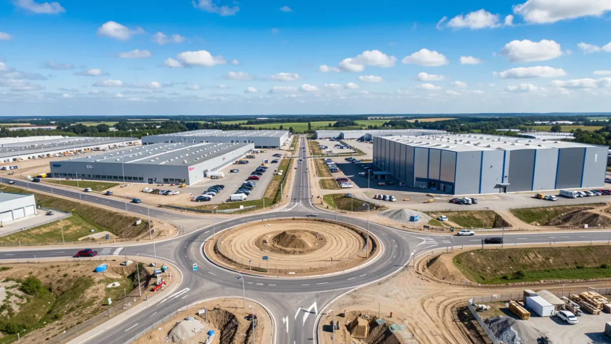 Generic image: aerial view of an industrial roundabout under construction at the intersection of two main roads, with the facade of a large factory visible nearby.