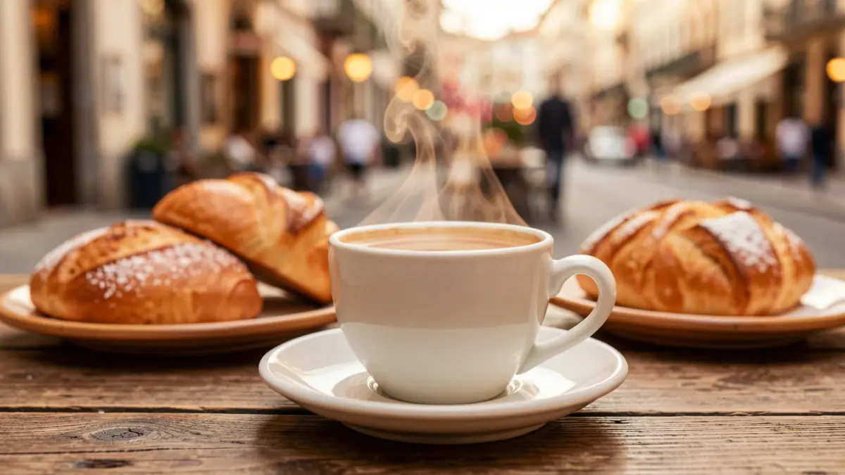 Primer plano de una taza de café humeante sobre una mesa de madera rústica, con repostería artesanal desenfocada y un atisbo de la escena callejera de Vitoria-Gasteiz al fondo.