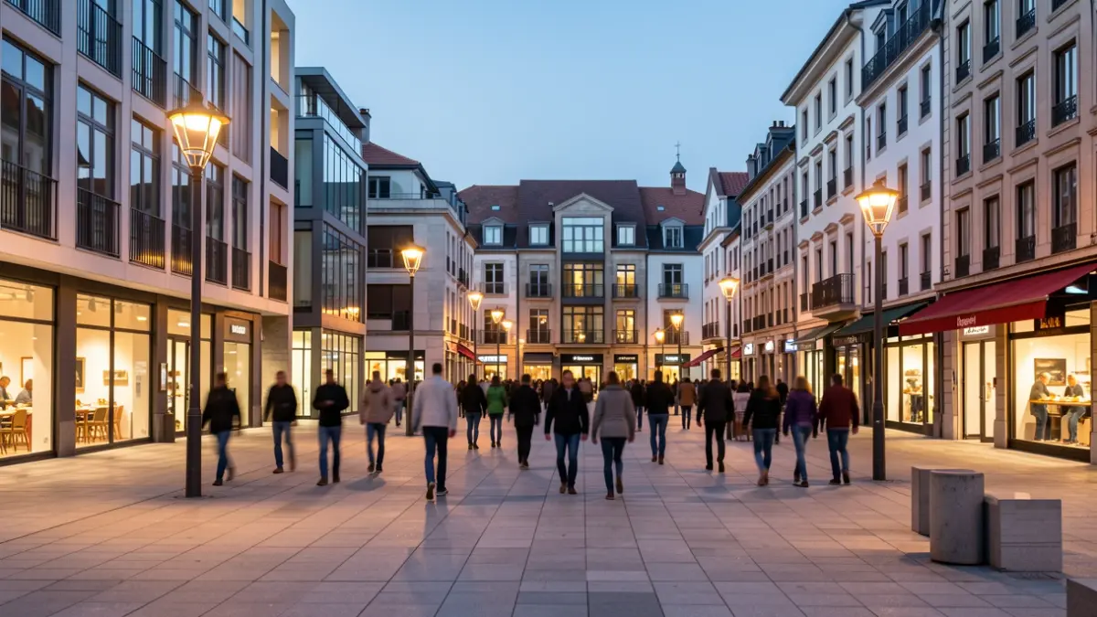 Generic image of an urban square in Euskadi at dusk, with silhouettes of people enjoying gastronomy and shopping.
