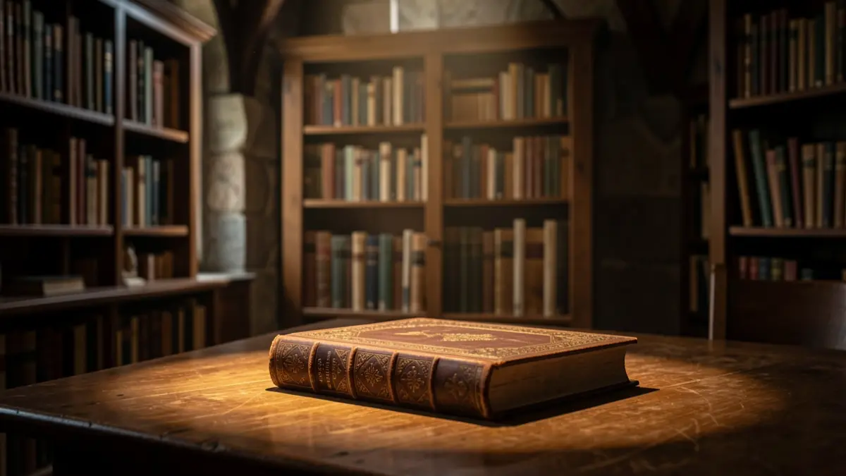 Imagen genérica: Interior de una biblioteca o estudio tenue y atmosférico, con estanterías llenas de libros antiguos desenfocadas al fondo. En primer plano, un único libro ornamentado y encuadernado en cuero yace abierto sobre una mesa de madera, iluminado por un haz de luz cálida. La escena evoca misterio y fantasía.