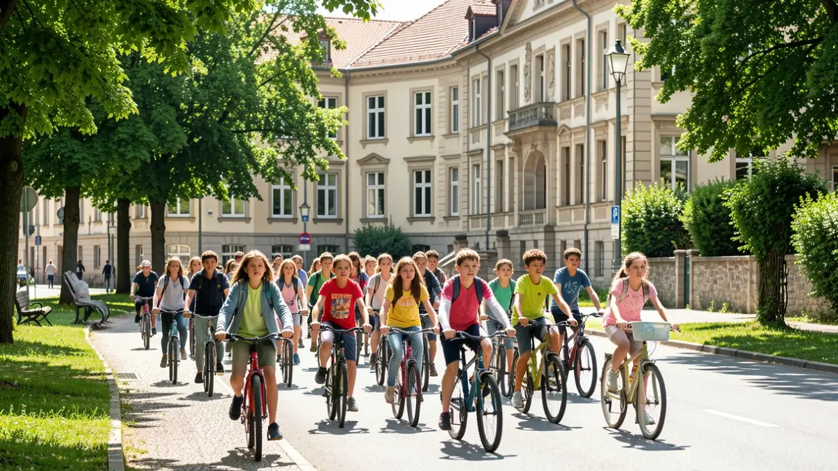 Generic image: A group of schoolchildren walking and cycling on a street in Vitoria-Gasteiz, with a school facade in the background.
