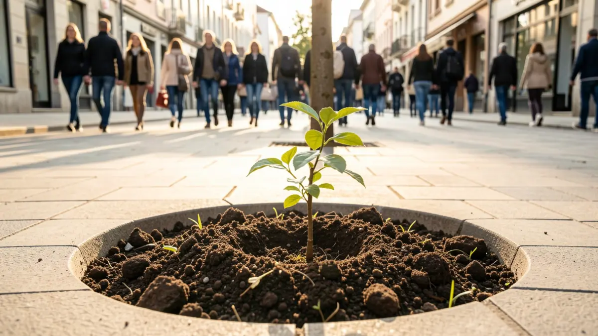 Generic image: A tree pit with healthy soil and a small sapling, surrounded by clean pavement in a Vitoria-Gasteiz street, warm afternoon sunlight.