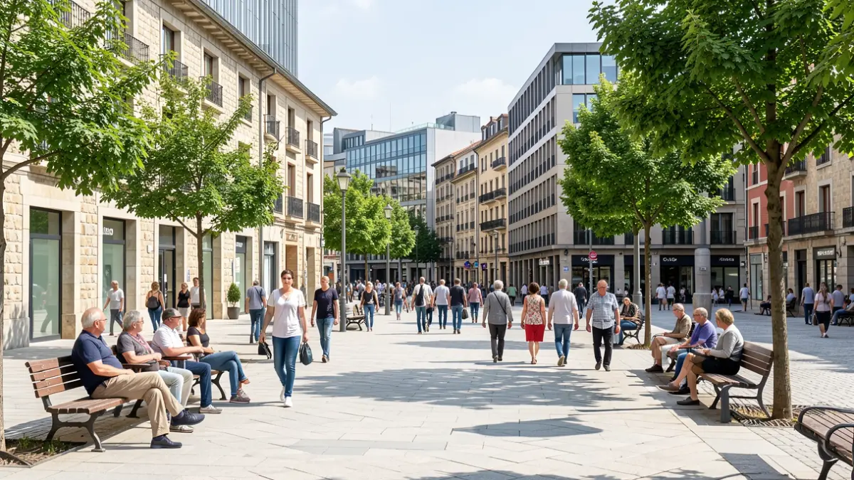 Irudi generikoa: Vitoria-Gasteizko hiri plaza modernoa, oinezkoentzakoa, jendea bankuetan eserita eta zuhaitzen azpian, eguzkitsua.