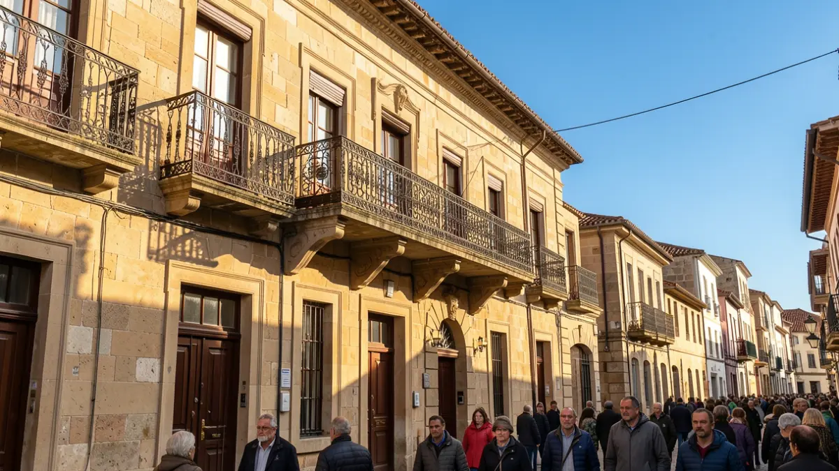 Imagen genérica: Fachada de piedra de un ayuntamiento vasco con balcón y barandillas de hierro ornamentadas, luz cálida de la tarde proyectando sombras sobre los muros de arenisca, cielo azul.