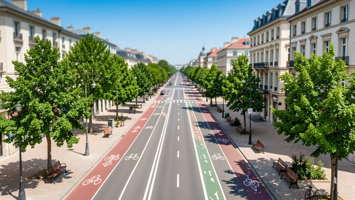 Imagen genérica: vista aérea de una calle urbana con carriles bici y pasarelas peatonales marcados, intercalados con árboles verdes y bancos, bajo un cielo azul claro, simbolizando la movilidad urbana sostenible.
