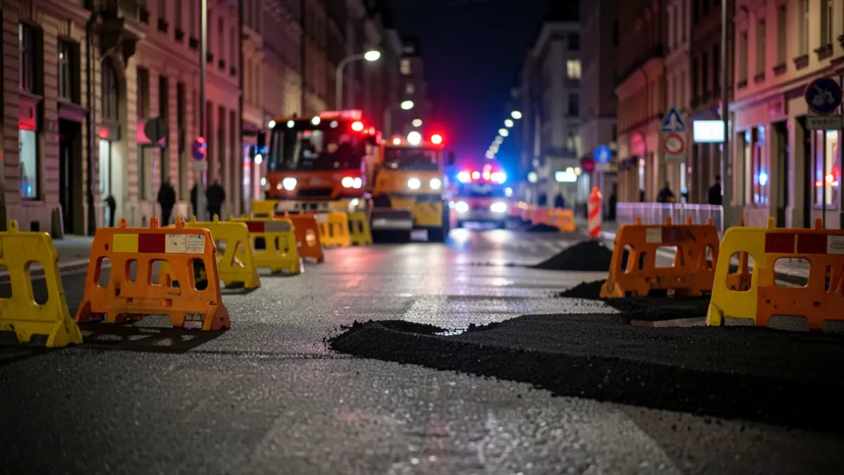 Generic image: Asphalt paving work on a city street at night, with construction barriers and emergency lights.