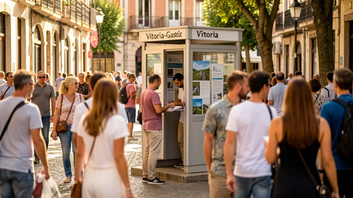 Imagen genérica: Una oficina de turismo en Vitoria-Gasteiz con turistas internacionales interactuando.