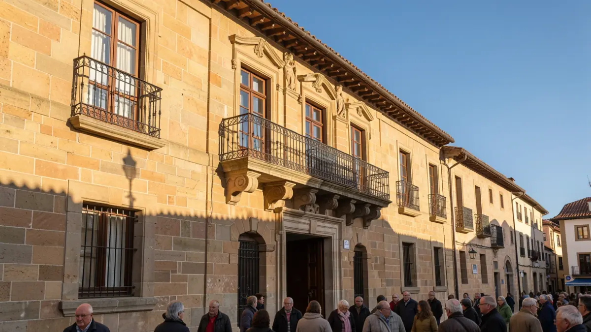 Generic image: Stone town hall facade with balcony and iron railings, under warm afternoon light.