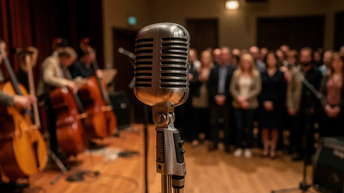 Generic image: A microphone for a musical repertoire in a dimly lit rehearsal room.
