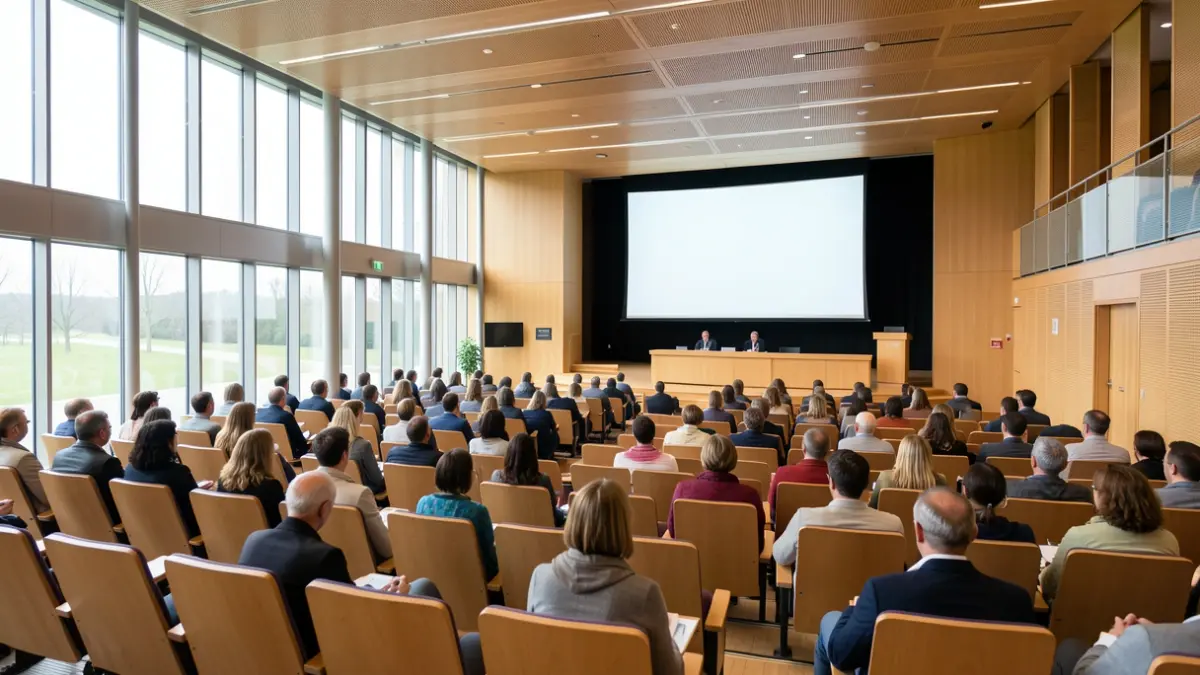 Imagen genérica: Interior de un moderno anfiteatro universitario en Euskadi, con filas de asientos vacíos frente a un podio y pantalla. La luz diurna difusa ilumina el espacio.