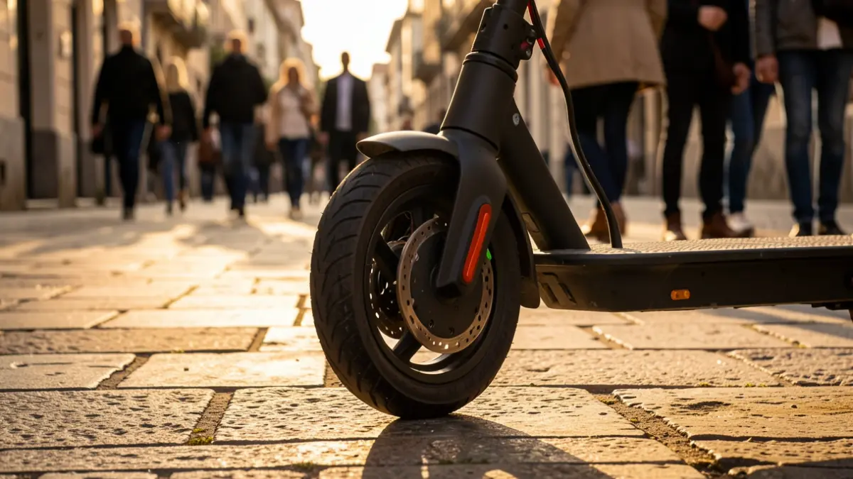 Generic image: Close-up of an electric scooter wheel parked on a stone-paved sidewalk in Vitoria-Gasteiz, warm evening light casting long shadows, no people visible.