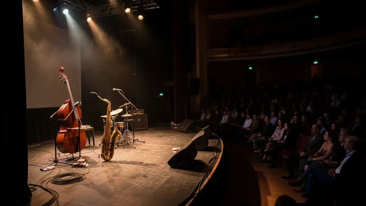 Imagen genérica: Escenario de una sala de conciertos en Vitoria-Gasteiz, preparado para una actuación de jazz, con saxofón y contrabajo visibles, luces cálidas.