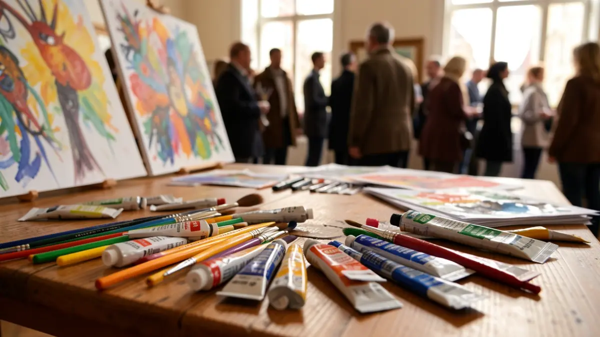 Arte-materialen hurbileko irudia mahai batean, atzealdean sorkuntza artistiko lausoak.