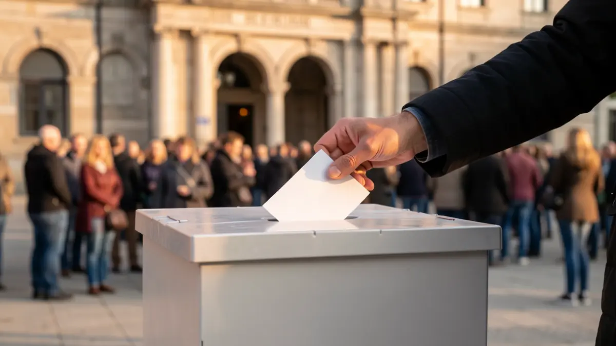 Irudi generikoa: Esku bat botoa sartzen ari da bozkatzeko kutxan, Euskadiko eraikin publiko baten atzealde lausoan, arratsaldeko argi epelez.