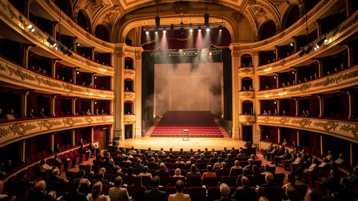 Generic image: Interior of a concert hall with ornate balconies and plush seating, illuminated.