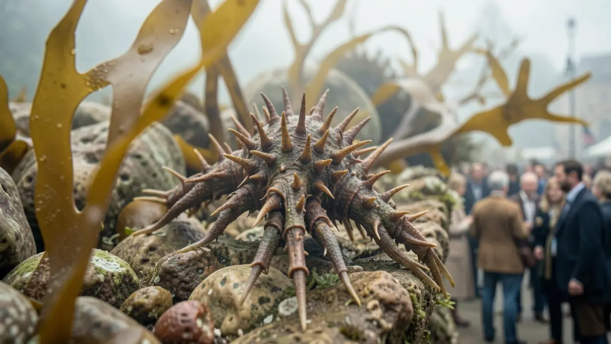 Generic image: a close-up of a scientific illustration of a prehistoric marine invertebrate, with blurred macroalgae and rocky seabed in the background.