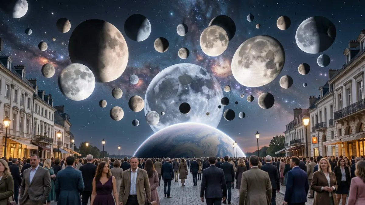 Generic image: Numerous moons orbiting a planet with a nebula in the background.