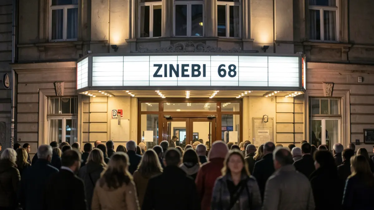 Imagen genérica: Marquesina del ZINEBI 68 iluminada por la noche, con una multitud borrosa delante.