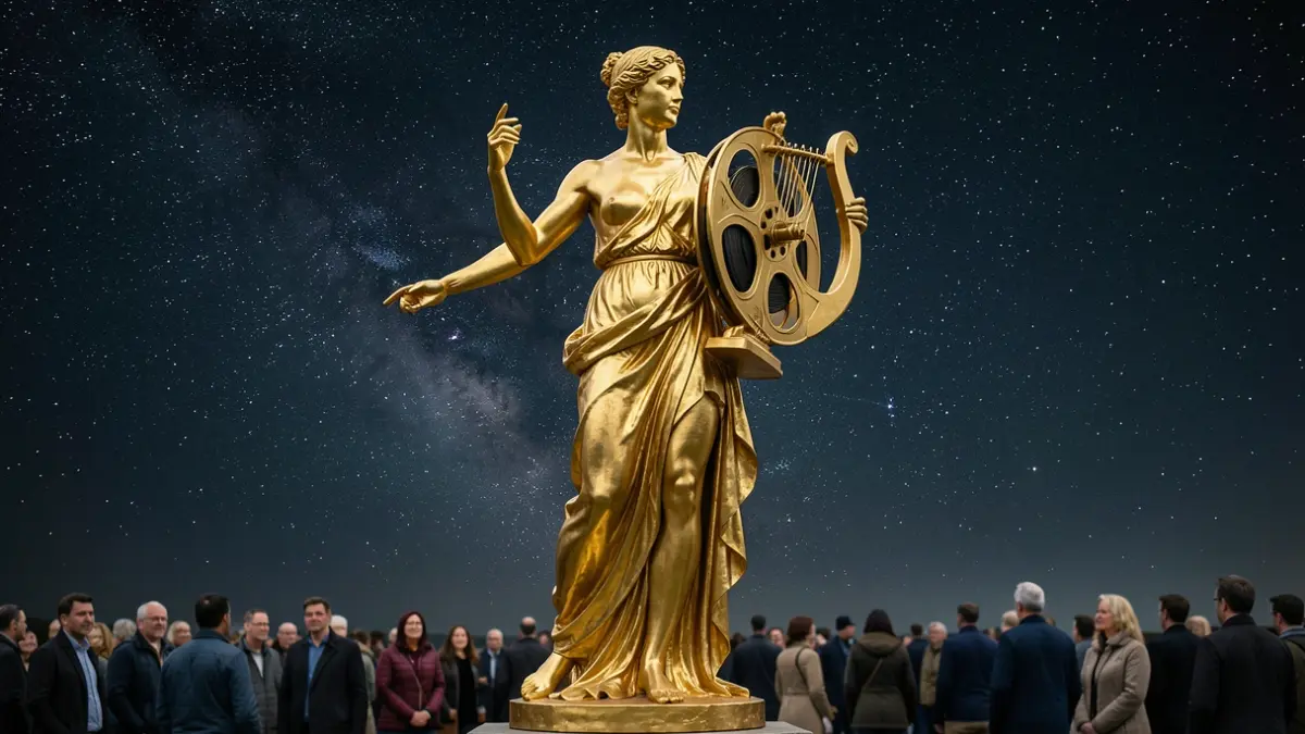 Reinterpretación artística de la figura de Euterpe, musa de la música, con una bobina de cine.