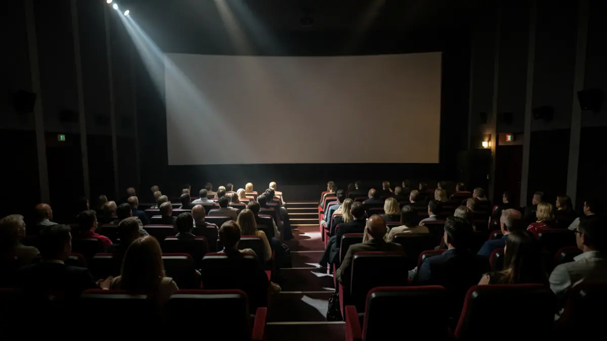 Imagen genérica: un cine a oscuras con asientos vacíos frente a la pantalla, haces de luz.
